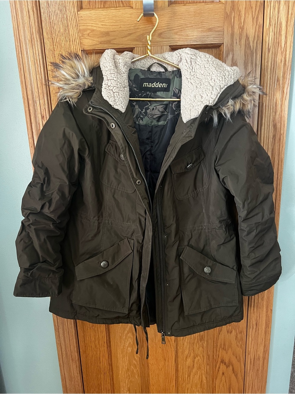 Madden Olive Green Hooded Sherpa-Trim Puffer Jacket